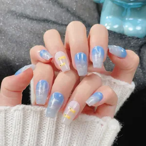 Handmade blue gradient press-on nails with cat eye glitter and cute cartoon fish patterns