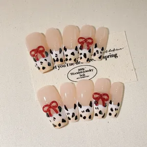 Handmade French Press On Nails Coffin Shape Cow Print Red Bow Design Nude Pink Ballerina False Nails For Women Daily Fashion