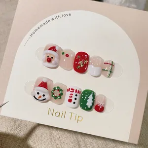 Handgefertigte Weihnachts Aufpressnägel 3D Weihnachtsmann Schneemann Rot Weiß Grün Kurz Quadratisch Rund Kunstnägel Set