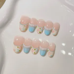 Handmade French Floral Oval Press On Nails Elegant Light Blue 3D Relief Finished Nail Patches Sweet Women Beauty Tool