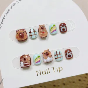 Handmade Cartoon Capybara Press On Nails For Kids Cute Animal Pattern Embossed False Nails For Girls Child Beauty Decoration