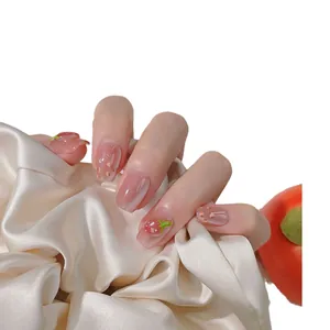 Handmade strawberry cat eye press on nails with 3D fruit art and white heart designs