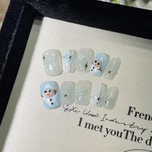 Handgemaakte Kerst Kunstnagels Blauw Wit Sneeuwvlok Sneeuwman 3D Strass Strik Kort Vierkant Fake Nails Voor Vrouwen