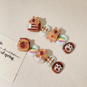 Handmade 3D Capybara cartoon press-on nails for kids with cute bear paw designs