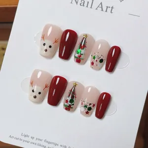 Uñas Postizas a Presión Navideñas Hechas a Mano Rojas Diseño de Reno Muñeco de Nieve Árbol de Navidad 3D Ataúd Corto para Fiesta Mujer