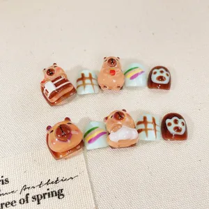 Handmade 3D cartoon Capybara press-on nails for kids with cute resin animal charms