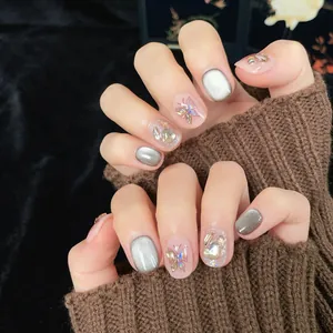 Sparkling cat eye press-on nails with 3D laser butterfly and glitter finish