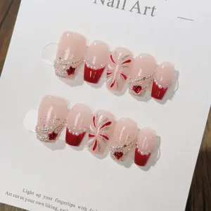 Handmade Press On Nails Red French Fireworks Design With Artificial Pearl Rhinestone Heart Star Decor Festive Manicure Women