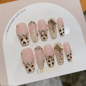 Handmade Leopard Print Press-on Nails Luxury Rhinestone French Coffin Fake Nails For Women Reusable Manicure Jewelry