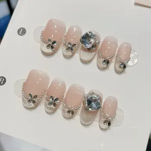 Handmade Cat Eye Press On Nails With Rhinestone Artificial Pearl Butterfly Elegant French Nude Pink White Detachable False Nails Women