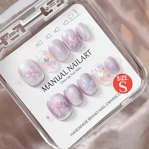 Unghie Finte 3D Farfalla Fatte a Mano Viola Lavanda Occhio di Gatto Glitter Gel Unghie per Donna Elegante Nail Art