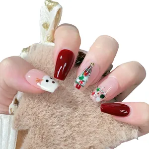 Uñas postizas de ataúd navideñas con renos y muñecos de nieve pintados a mano artesanal
