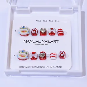 Faux ongles pour enfants motif danse du lion du Nouvel An avec relief 3D et strass