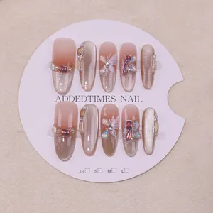 Handmade Cat Eye Press On Nails Butterfly Decoration French Luxury Champagne Gold Gradient Long Oval Fake Nails For Women
