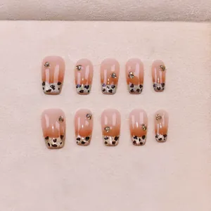 Faux ongles faits main œil de chat et motif léopard en ton caramel automnal