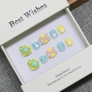 Faux Ongles à Presser Faits à la Main pour Enfants Designs Tortue 3D Nœud Papillon Faux Ongles Dessin Animé pour Filles Cadeau