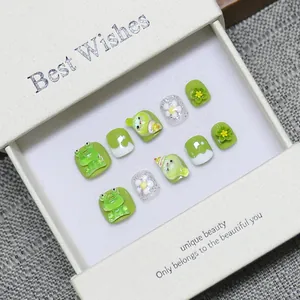 Handmade 3D cartoon frog press-on nails for kids with floral relief in gift box