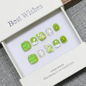 Handmade 3D Cartoon Frog Press On Nails Green White Flower Pattern Short Square Round Fake Nails With Gift Box For Children