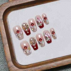 Handmade Red Gradient Press On Nails With Rhinestone Artificial Pearl Koi Pattern French Luxury Glue On Fake Nails For Women Party