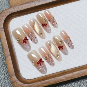 Handmade Press On Nails Mocha Brown Plaid Bow Knot Cat Eye Design Elegant Long Oval Fake Nails For Women Jewelry Decor