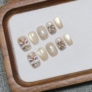 Handmade Chinese Style Lion Dance Press On Nails Cat Eye Gold 3D Relief Fireworks Luxury Decorative Fake Nails For Women