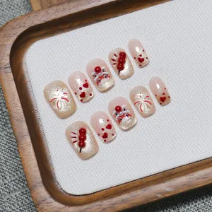 New Year press-on nails set with festive red cat eye design and 3D lion dance patterns