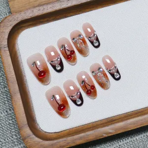 Handmade French Cat Eye Press On Nails Honey Cherry Gradient 3D Cherry Bowknot Rhinestone Oval Fake Nails For Women