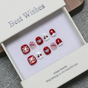 Handmade press-on nails for girls with 3D lion dance and cherry patterns in a gift box