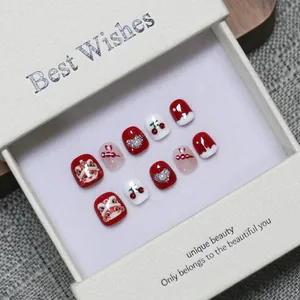 Handmade Press On Nails For Kids Red White Chinese Style Snake Dancing Lion Cherry Pattern Cute Cartoon 3D Heart Pearls Short Fake Nails With Gift Box