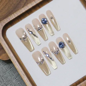 Luxury French Cat Eye Press On Nails Long Coffin Gold Nude Gradient Handmade False Nails Blue Rhinestone Nail Art