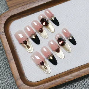 Handmade Press On Nails Coffin Black Gold Gradient Heart Zirconia Artificial Pearl Decoration Luxury Fake Nails For Women Party