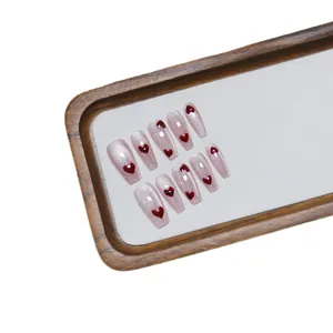 Pink cat eye coffin press-on nails with 3D red heart charms set of 10 pieces