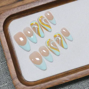 Handmade almond press-on nails with colorful French tips and wavy hand-painted art
