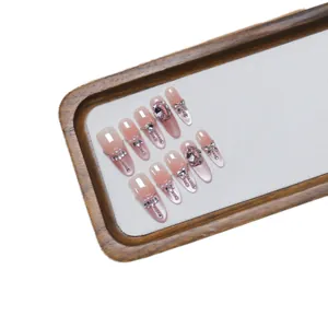 Luxury handmade press-on nails with pink zircon butterfly and pearl crystals