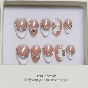 Handmade 3D Flower French Press On Nails With Rhinestones Pink White Almond Shape Elegant False Nails For Women Nail Art Kit