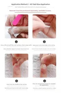 Guide showing how to apply press-on nails using specialized nail glue and a file