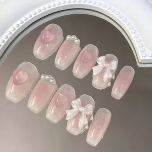 Handmade Pink Gradient Coffin Press-on Nails With 3D Bow Artificial Pearl Heart Design Sweet Style Fake Nails For Women Nail Art