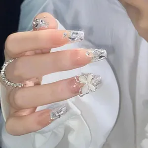 Handmade Luxury Press On Nails Silver Glitter Cat Eye Butterfly Bow-Knot Rhinestone Reusable False Nails Women DIY Art