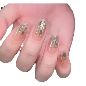 Luxurious champagne rabbit handmade press-on nails with 3D gems and pearl decorations