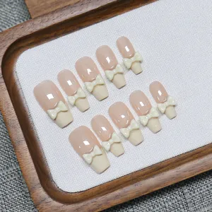 Handmade French Nude Pink Press On Nails Creamy White 3D Bow Coffin Shape Fake Nails Set For Women Girls Nail Art Tips