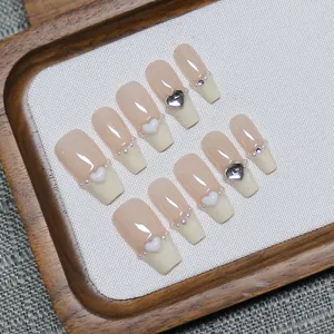 Handmade French Tip Press On Nails With 3D Heart Faux Artificial Pearl Decorations Nude Creamy White Coffin Square Fake Nails For Women