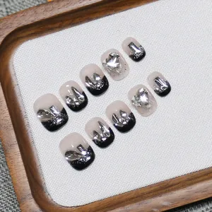 Handmade Gradient French Heart Rhinestone Press On Nails Sparkling Short Square Round Luxury Alloy 3D Decor Elegant Nail Art