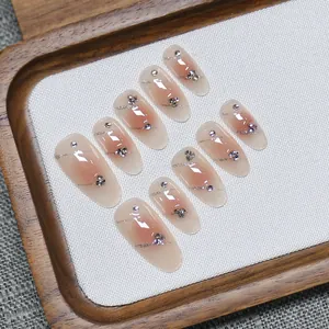 Handgefertigt Rosa Blush Verlauf Nagelsticks Mit Strass Silber Glitzer Lang Oval Trapez Elegant Falsche Nägel Für Damen
