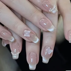 Handmade Cat Eye Press On Nails Butterfly Pearl Decor Elegant Pink Gradient Glossy Reusable False Nails For Women Daily Manicure