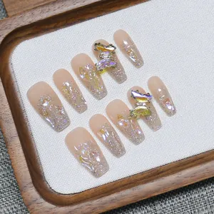 Handmade Luxury Aurora Butterfly Press On Nails Glitter Gradient Coffin Fake Nails Wearable Manicure For Women
