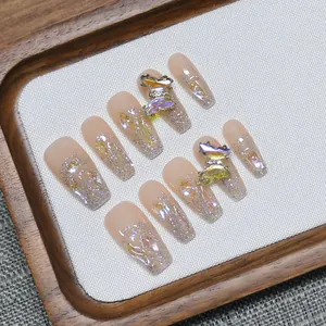 Handmade gradient pink coffin press-on nails with 3D aurora butterflies and glitter