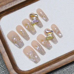Handmade nude pink coffin press on nails with glitter gradient and 3D metallic bears