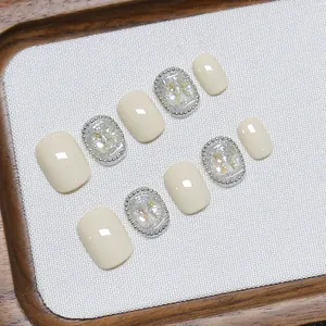 Handmade milky white and silver glitter press-on nails set with aurora beads