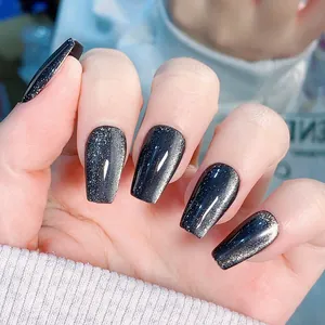 Luxury Handmade Starry Sky Obsidian Black Cat Eye Press On Nails Glossy Glitter Coffin Fake Nails For Women Nail Art Decoration