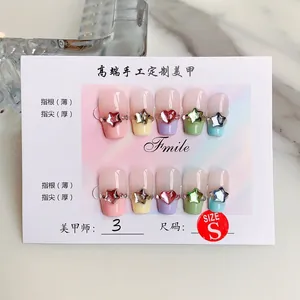 Faux Ongles à Coller en Résine Macaron Faits à la Main Doux Cœur Étoile Strass Courts Cercueil 10 Pièces Bijoux pour Femmes